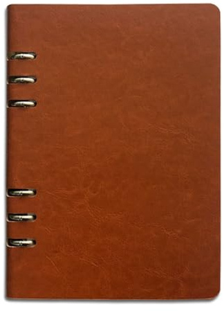 (Khaki) Vintage Leder Ringbuch Notizbuch, A5(17 * 23cm/6.6 * 9inch) Edelstahl-Ausschnitt Notizblock Nachfüllbar Leder Notizbuch, 100 Seiten Wasserdicht Beige Einsätze