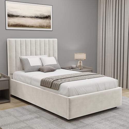 Blisswood Ottoman Storage Bed Frame, 3ft Single Bed Frames, Upholstered Ottoman Bed Frame, Wooden Slats Stylish And Space Saving Bed Frame, Velvet Fabric Storage Bed (3ft Beige, No Mattress)