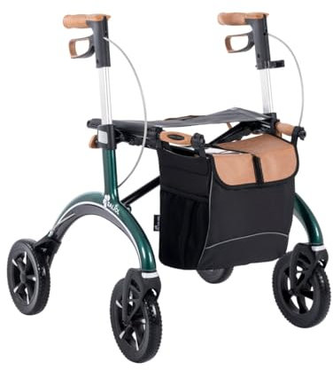 Saljol Carbon Rollator in Vollausstattung, 5,6 kg Leichtgewichtrollator mit Sitz, Rückengurt, Tasche, Stockhalter, Klingel und LED-Licht | faltbare Outdoor-Gehhilfe, Sitzhöhe 54 cm, Grün