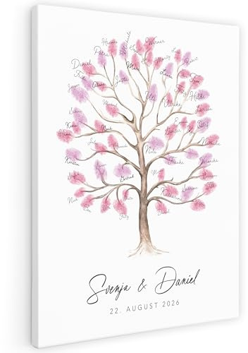 Fingerabdruck Leinwand Hochzeit personalisiert mit Hochzeitsbaum | Personalisiert, Leinwand auf Keilrahmen, 30 x 40 cm, Gästebuch Alternative, Baum für Fingerabdrücke