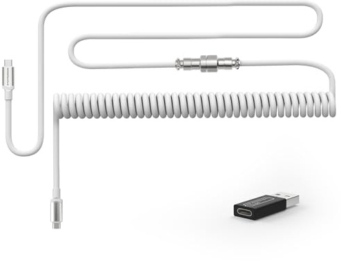 MAMBASNAKE C04 Cable USB C Espiral para Teclado Mecánico con Adaptador USB a USB C, Tipo C a Tipo C, Cable de Carga de Coiled de Doble Funda TPU con 5 Pin Aviation Connector, 4,92 Pies - Blanco
