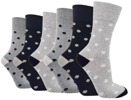SOCK-TEC Calcetines no elásticos para mujer, de algodón suave, para diabéticos, anchos, sueltos, talla 4-8 (6 pares), Gris Blanco Negro, 34-36