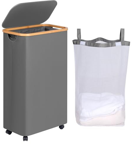 efluky 75L Wäschekorb mit Rollen, Schlanker Wäschekorb mit Deckel, Grau Faltbare Wäschebehälter mit Bambusgriffen und abnehmbarem Beutel für Schlafzimmer, Bad, Waschküche