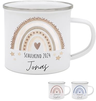 wunderwunsch - Personalisierte Emaille Tasse Kinder mit hochwertigem Spezial-Druck – Bruchsicher, Leicht & Umweltfreundlich – Geschenk Schulanfang, Schuleinführung (Regenbogen beige)