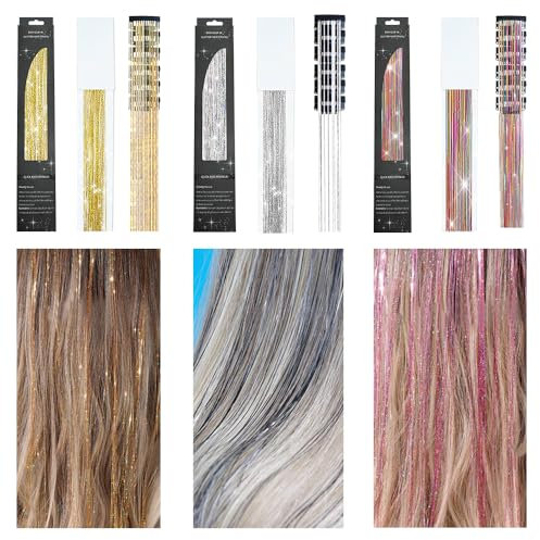18 Stück 60CM Glitzer Haarsträhnen Lametta, Silber Glitzer Haarsträhnen, Regenbogen Glitzer Haarsträhnen Kit zum Flechten Haar Lametta, Haare Fest Party-Haarspangen für Mädchen