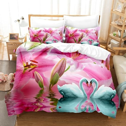 SJSXWQN Funda Nordica Cama 90 Lirio Rosa Edredón Cama 90 para Niñas Niños con Cremallera Suave Transpirable Microfibra Fundas Nordicas 150x220 cm + 2 Fundas de Almohada 50x80 cm