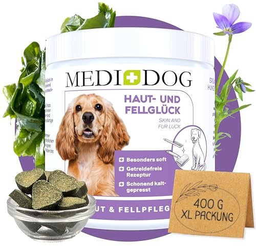 MEDIDOG Haut- & Fellglück 400 g – kaltgepresste Drops für Hunde – mit Biotin, Algenöl & Bierhefe – unterstützt Normale Hautfunktion und glänzendes Fell – getreidefreie Rezeptur