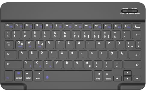 KVTVOU Deutsche Bluetooth Tastatur für iPad/iPhone/Samsung/Android, für iPad Air/Pro/Mini A16/13/12.9/11/10.9/10.2/9.7, Wiederaufladbar, Tragbare Kabellose, QWERTZ, Schwarz