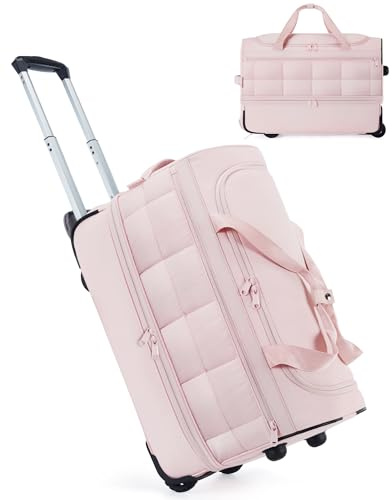 BAGSMART Rolling Duffle Bag with Wheels, Carry On Bag Duffel Bag for Travel, Wet Pocket Duffle with Wheels and Handle, Blush Pink, 40L