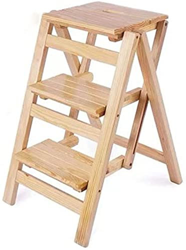 OZBMA Escabeau en Bois Dur pour Adultes, 3 marches, échelle multifonctionnelle, Chaise Pliante en Bois, escabeau pour Plantes (B) (Couleur Bois)
