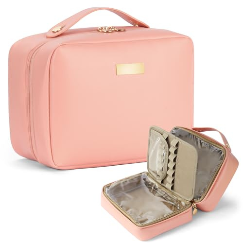 Aucuu Kosmetiktasche Damen, Groß Make up Tasche, Reise Schminktasche, Leder Tragbare Kulturbeutel, Cosmetic Bag mit Griff und Teiler, Kosmetische Tasche, Wasserdicht Kosmetiktasche für Damen Mädchen