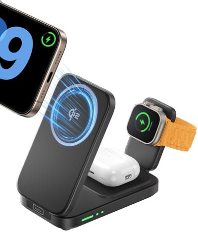 INIU 3 in 1 Caricatore Wireless iPhone, 15W Certificato Qi2 Caricabatterie Magnetico, Stazione Ricarica Wireless Mag-Safe Pieghevole per Apple Watch SE iPhone 17 16 15 14 13 12 AirPods(con Adattatore)