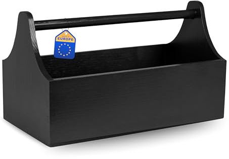Pinus Werkzeugkiste mit Griff 34x18x20,5 cm Werkzeugkasten Schwarz | Kiefernholz, offene Fächer, für Werkzeug DIY Werkstatt, Tragegriff, kompakt, Ordnung Zubehör Transport
