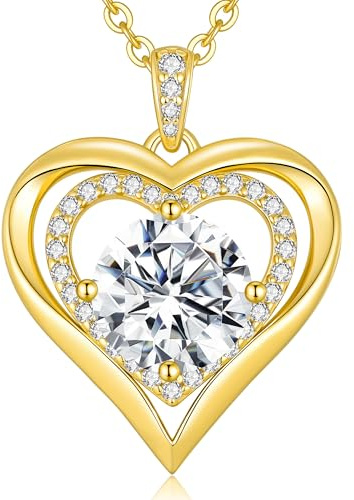 CDE Collier Femme Cadeau,Bijoux Femme Pendentif Coeur Argent 925 Plaqué Or 18 carats,Charme Sautoir Necklace orné de Moissanite Idee pour Anniversaire/Saint Valentin/Fête des Mères pour Elle Mamie