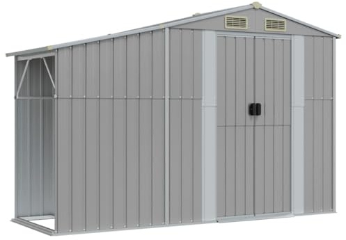 KOIECETA Gerätehaus Gartenhaus mit Schrägdach Griffe Gartenschuppen Schuppen mit Stauraum Geräteschuppen Metallschuppen Grau 277x93x179 cm Verzinkter Stahl
