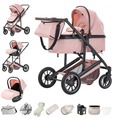 Zkiprm Carrozzina 3 in 1, Carrozzina Trio con Seggiolino Auto, Navicella, Spinta Reversibile a due vie, Manico Regolabile, Parapioggia, Coprigambe, Pieghevole, Adatta per Bambini da 0 a 4 anni