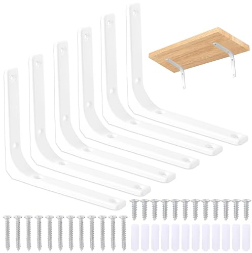 HonQiShiMY 6 Pcs Soportes para Estantes de Pared,Escuadra para Estanterías,Soportes Estantes Triangulares de 90 Grados Angular de Montaje en Pared Pesados para Cocina Libros Estante,150x125mm Blanco