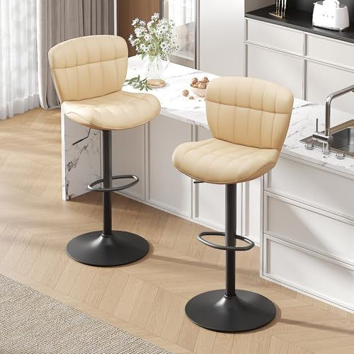 Ckaff Barhocker 2er Set, Barstuhl höhenverstellbar aus PU-Leder, 360°Drehstuhl Küchenstuhl mit Rückenlehne und Fußstütze für Küche, Wohnzimmer, Esszimmer, Bar, Beige