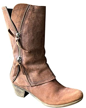 Womens Cowboy Boots Casual Mid Calf Brown Ladies Low Chunky Block Heel Shoes Classic Side Zipper Vintage Comfortable Waterproof Western Boots Outdoor