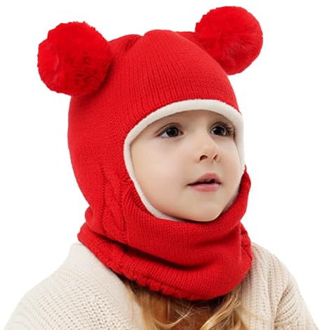 Koerye Fille Garçon Cagoule Hiver 4 à 10 Ans Chaud Cache Oreilles Chapeaux Tricoté Balaclava Casquette Polaire Mignon Thermique Enfant Chaud Cache Cou Oreilles Rouge