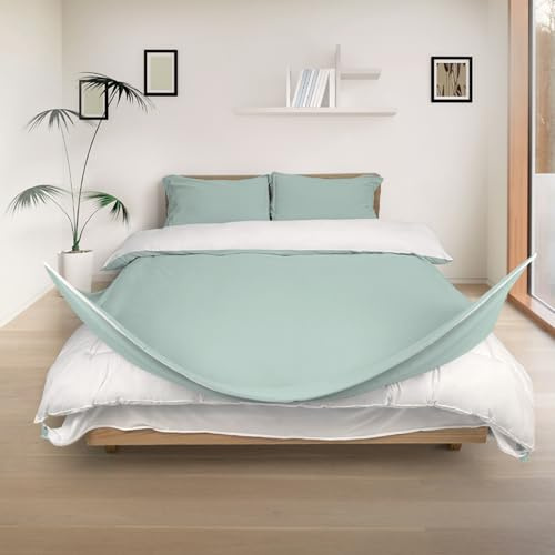 REDSSEN Easy Change Duvet Cover Set 3-Sided Zip Easy Fit Double Size | Easy to put on and remove with 3-sided opening. Premium organic cotton feel, Zip Around and 2x Pillowcases, Cloud Green