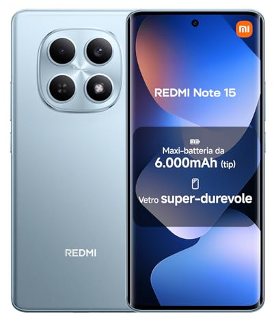 XIAOMI Redmi Note 15, Smartphone 6+128 GB, Massive 6000mAh Battery, Water Resistance, 108MP Super-clear Camera, 6.77 FHD+ Display, Glacier Blue, Warranty 2 years, Charger Not Included