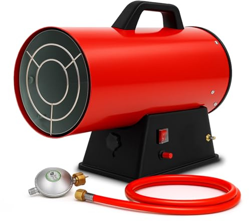 EBERTH Calentador de gas de 30 kW con ventilador, incluye manguera y reductor de presión, protección contra sobrecalentamiento, termostato integrado, encendido piezoeléctrico de 230 V, 650 m³/h
