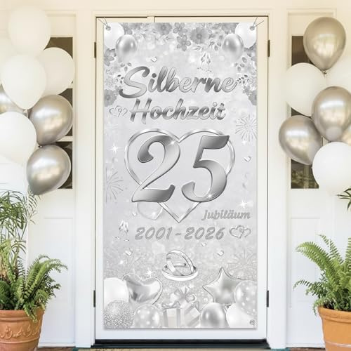 Tasoraor 25. Silberhochzeit Deko Banner - Elegantes Silber Stoff Türbanner für 25. Jubiläum Hochzeitsdeko (185 x 90cm), Silberne Hochzeit für Tür Wand Hintergrund Garten Tisch Innen Außen