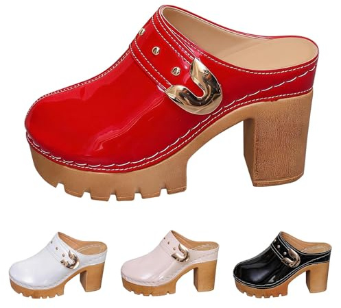 Träskor & sandaletter för kvinnor blockklack pantolett fram stängda sandaler platå bekväma tofflor sandaletter eleganta pumps retro höga klackar båge stöd klackskor damtofflor med klack, Beige, 43 EU