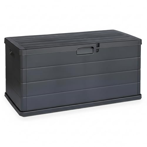 Baule da Giardino 170/340L in Resina Effetto Legno Cassapanca Contenitore Esterno Impermeabile con Coperchio e Maniglie Box Porta Cuscini, Attrezzi e Giochi da Esterno Antracite (170L 78x55x52)