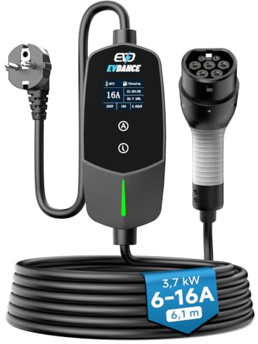 EVDANCE Cargador Coche Electrico 3,68kW, 6-16A, 6,1m, Portátil IP66 | 6-16A corriente ajustable, 0-12h carga programada, 6,1m cable carga coche electrico, compatible con EV IEC 62196-2