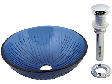 Renovators Supply Glass Countertop Vessel Sink - Round Bathroom Wash Basin - Tempered Vanity Bowl With Sink Drain - Modern Lavatory Bowls for Small Spaces - Shatter-Resistant - Blue Drain Frosted