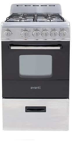 Avanti Gas Range Oven, Compact Freestanding Design, 4 Sealed Burners with Electronic Ignition, 2.1 Cu.Ft. Capacity Features Storage Drawer Broiler and Accessories, 20-Inch, Black