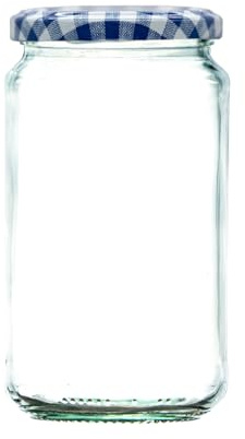 1lb / 370ml Glass Jam Jars with Blue Gingham Twist Lids | Pack of 12 | Perfect for Jam, Honey, Chutney and Preserves | Dishwasher Safe
