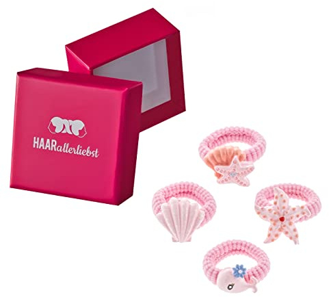 HAARallerliebst Haargummi Set (4 teilig | kleine Wassernixe | rosa) für Mädchen inkl. Schachtel zur Aufbewahrung (Schachtelfarbe: pink)