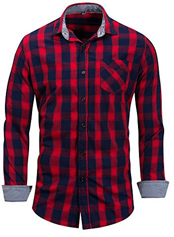 Homme Mélange de Coton Chemise Manches Longues Plaid Casual Shirt Boutonné Casual Mode Slim Fit Repassage Facile Red L