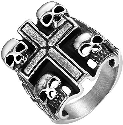JewelryWe Anillo Calaveras Cruz Hombre: Anillo de Estilo Punk Dominante en Acero Inoxidable Para Caballero - Para Uso Diario Ocio Regalo