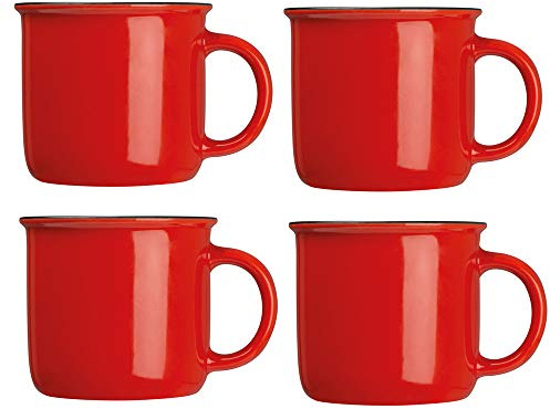 noTrash2003 Porzellantasse Kaffeebecher im Vintage-Look für Kaffee, Tee für Zuhause Picknick oder Unterwegs jeweils als 4er Set in versch. Farben, ca. 350 ml (Rot)