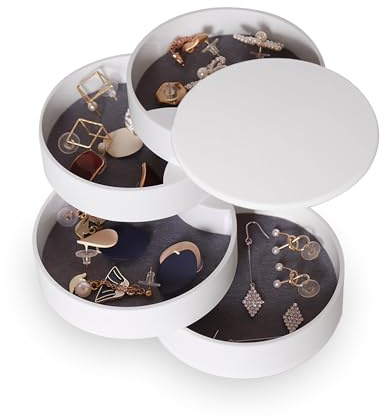 CONBOLA Jewelry Organizer, Small Jewelry Storage Box Earring Holder for Women, 5-Layer Rotating Travel Jewelry Tray Case with Lid for Bracelets Rings Bracelets, Gift for Women Teen Girls(White)