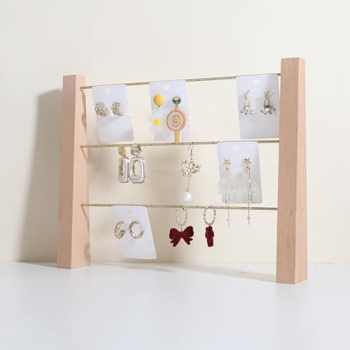 GemeShou 3 piani supporti esposizione orecchini in faggio in vendita, scaffale gioielli in legno, organizzatore orecchini, porta-orecchini in ottone con 42 fori per spille, pendenti e cerchi【Faggio】