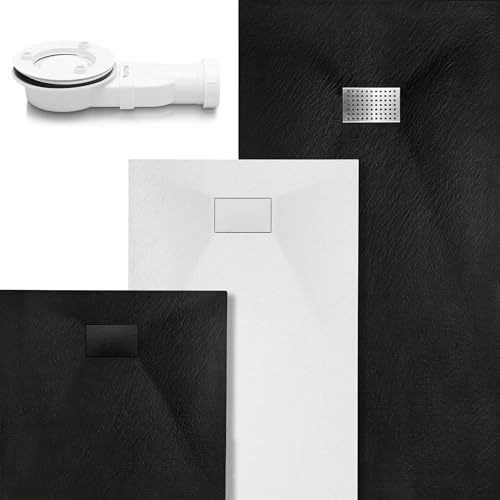 VILSTEIN Duschwanne 100x80 cm Weiß – Flache Duschtasse, Duschwanne in Steinoptik, Schieferoptik, rutschhemmend, bodengleich, zuschneidbar [optional mit Siphon & Edelstahl Abdeckung]