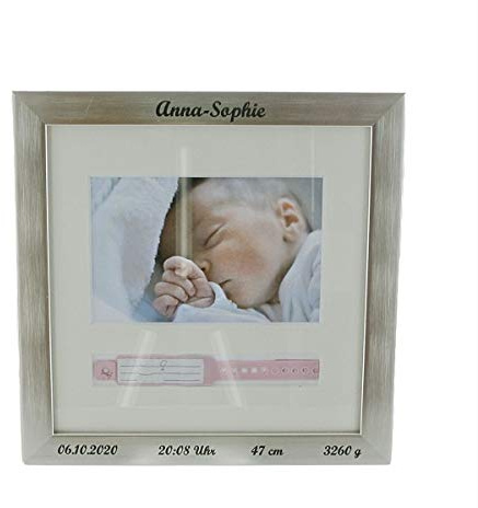 Jessis Geschenkeschmiede Baby Bilderrahmen zur Aufbewahrung des Geburtsarmbands, Krankenhausbändchens mit Ihren persönlichen Geburtsdaten, Farbe:silber