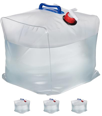 Relaxdays Wasserkanister 4er Set, 20 L, faltbar, Zapfhahn, Griffe, Camping Kanister, BPA-freier Kunststoff, transparent