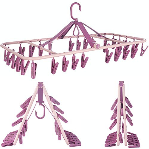 Foshine Foldable Clip Hangers with 32 Clothespin Drying Clips,Laundry Clip Drip Drying Hanger for Underwear Socks Bras Lingerie Clothes(Pink)