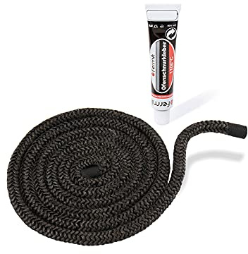 LANZZAS Cuerda aislante para chimeneas y hornos – Diámetro de 6 mm, longitud: 1 m – Cinta de cristal para puertas de chimenea – Resistente al calor hasta 550 °C – con adhesivo de montaje ignífugo