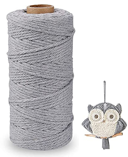3mm x 100m Natur Baumwollschnur, DIY Bastelschnur, Makramee Baumwolle, 100% Natur Baumwollgarn Für Handgefertigten Pflanzenhalter, Wandbehang, Basteln, Stricken, Hochzeitsdekorationen (Grau)
