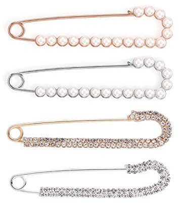 SIOPPKIK 4 Stück Brosche, Broschenstifte für Damen, Faux Imitation Kristall und Perle Brosche Sicherheitsnadeln, 2 Stilen Roségold und Silber