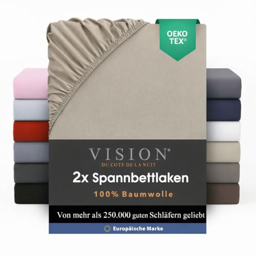 Vision 2 Spannbettlaken, 90 x 200 cm, Farbe: Beige, 100% Baumwolle, 57 Fäden, 4 elastische Ecken, Spannhöhe 30 cm