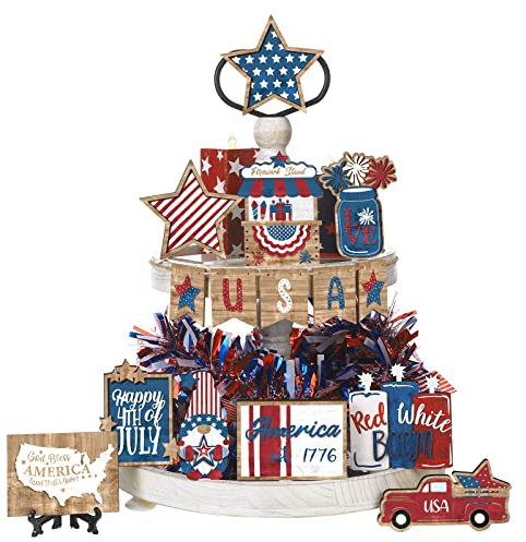 Amyhill 15 Pcs 4th of July Patriotic Tiered Tray Decor Memorial Day 250th Anniversary Decoration Rustic Red White Blue Wood USA Flag Star Gnome Signs Independence Day Decoration for Home Party Decor