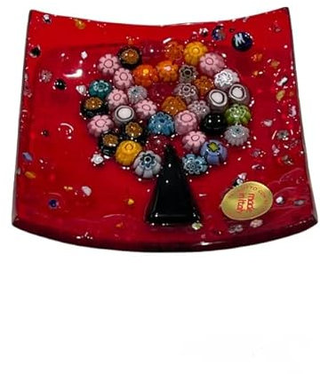 Argento e dintorni Piattino, Piatto soprammobile Albero della Vita in Vetro di Murano Fatto a Mano da Artigiani Secondo l'antica Lavorazione Veneziana con murrine Misura cm. 8x8 (Rosso)